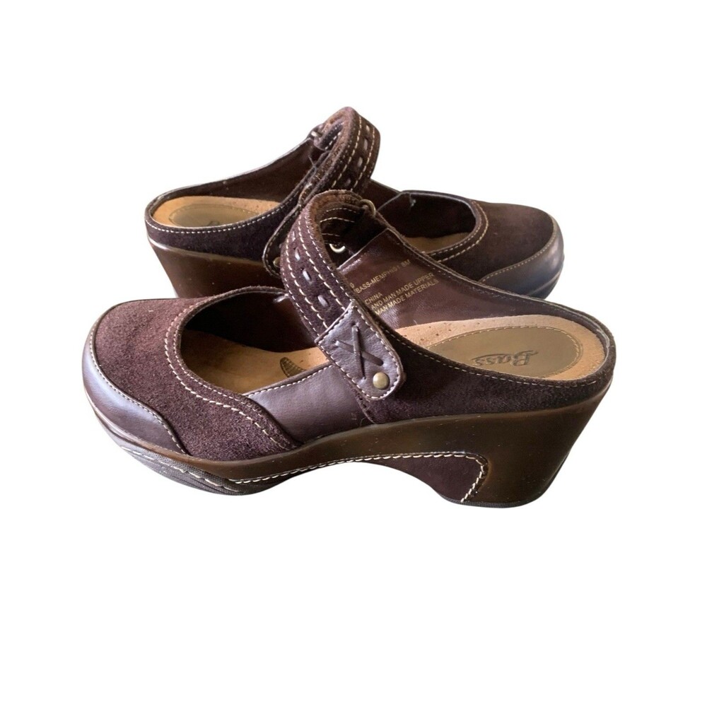 Bass Memphis Clogs  Y2K  Womens 8M  Brown Leather Mary Jane Chunky Heel Mules - Picture 3 of 10